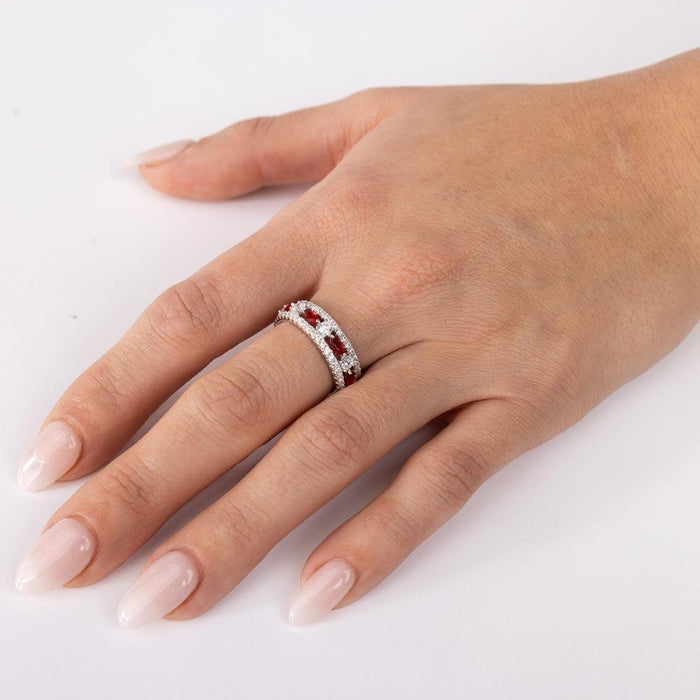 Silver 925 Rhodium Plated Band Encrusted with Clear and Red CZ Stones - GMR00133R