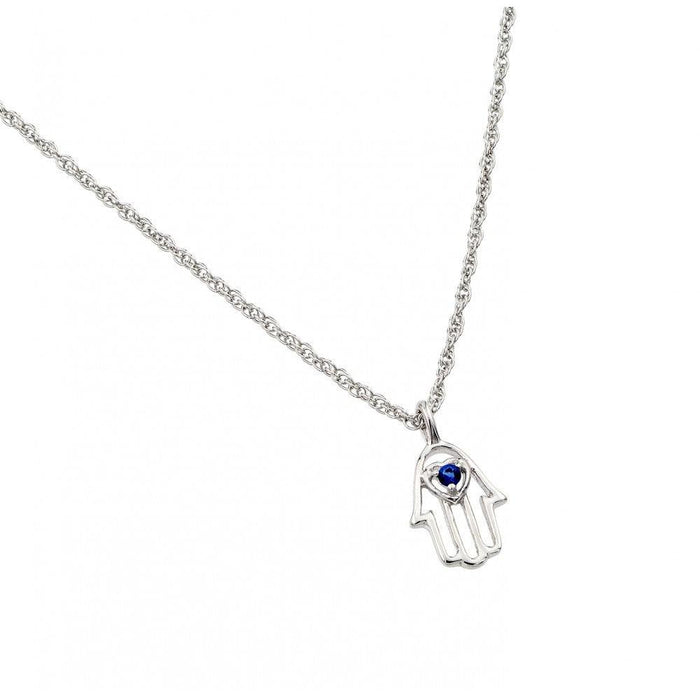 Silver 925 Rhodium Plated Blue CZ Hamsa Pendant Necklace - STP01392 | Silver Palace Inc.