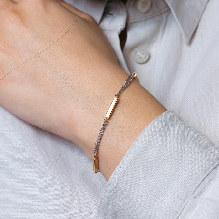 Silver 925 Rhodium Plated Chain with 3 Gold Plated Bars Italian Bracelet - ITB00163RH-GP