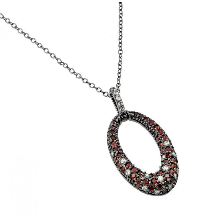 Silver 925 Rhodium Plated Clear and Red CZ Stone Oval Hoop Pendant Necklace - BGP00889GAR | Silver Palace Inc. #color_red