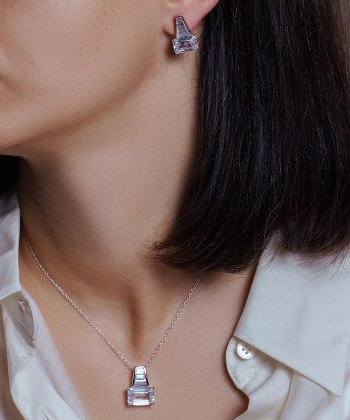 Silver 925 Rhodium Plated Clear Baguette CZ Stud Earring and Necklace Set - BGS00376 | Silver Palace Inc.