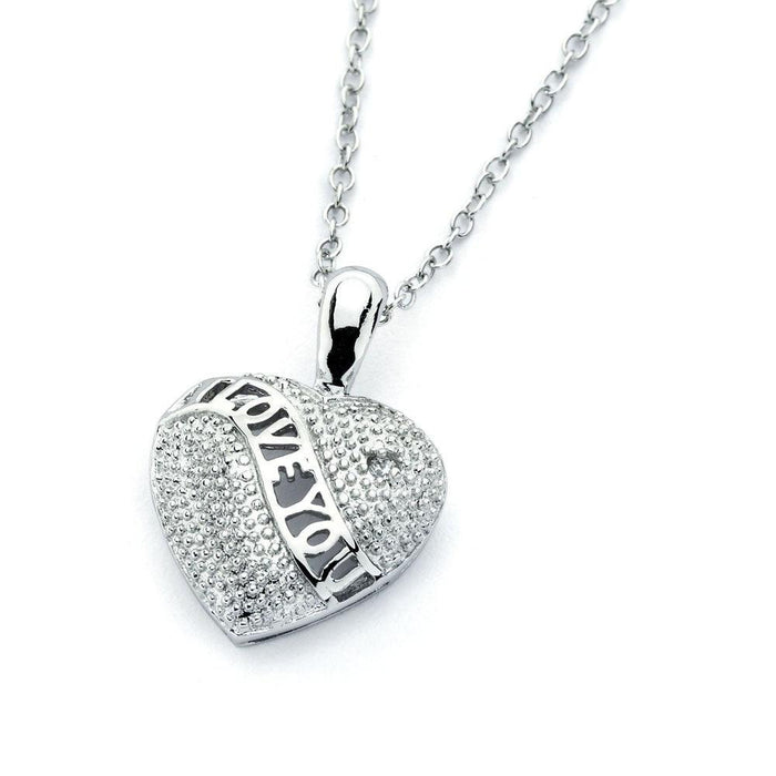 Silver 925 Rhodium Plated Clear CZ I Love You Heart Pendant Necklace - BGP00823 | Silver Palace Inc.