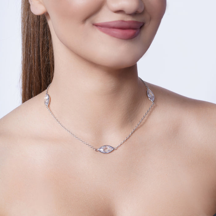 Silver 925 Rhodium Plated Clear CZ Marquise Shaped Bridal Necklace - BGP00978