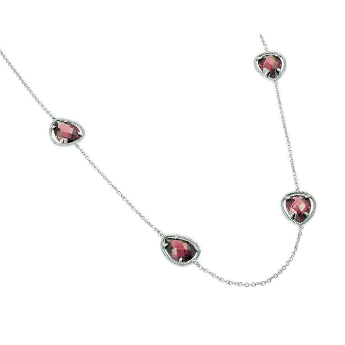 Silver 925 Rhodium Plated Clear CZ Red Pearl Shape Pendant Necklace - BGP00970RED | Silver Palace Inc. #color_red
