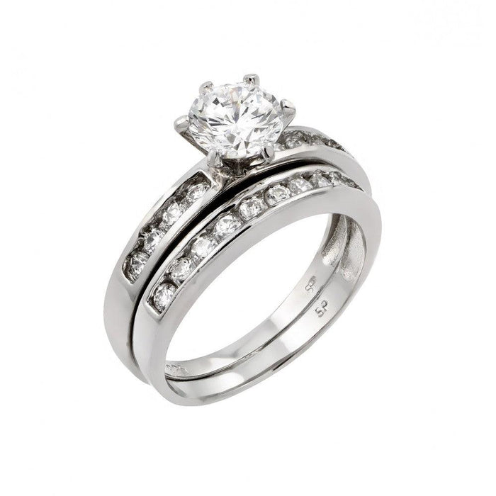 Silver 925 Rhodium Plated Clear Round CZ Engagement Ring Pair Set - STR00976 | Silver Palace Inc.