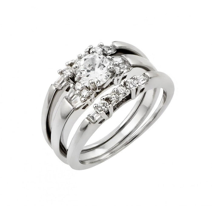 Silver 925 Rhodium Plated Clear Round CZ Inlay Bridal Engagement Ring Pair Set - STR00975 | Silver Palace Inc.