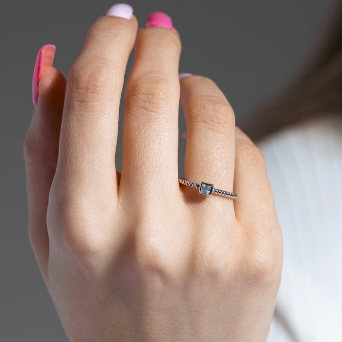 Silver 925 Rhodium Plated Clear Square Center CZ Bead Ring - BGR00857