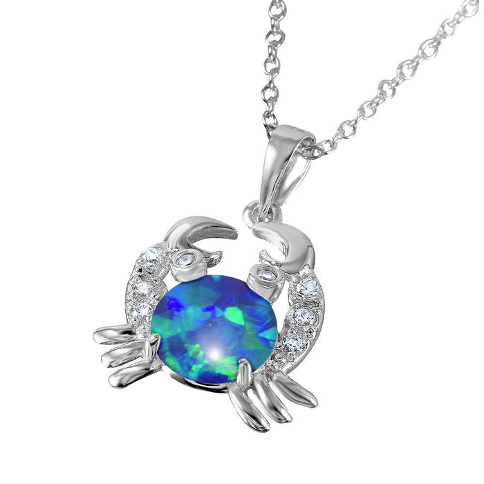Silver 925 Rhodium Plated Crab with CZ and Synthetic Opal Center Stone - BGP01070BLU #color_blue