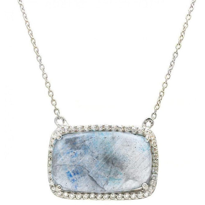 Silver 925 Rhodium Plated CZ Accents Moonstone Pendant Necklace - STP01428MO | Silver Palace Inc.