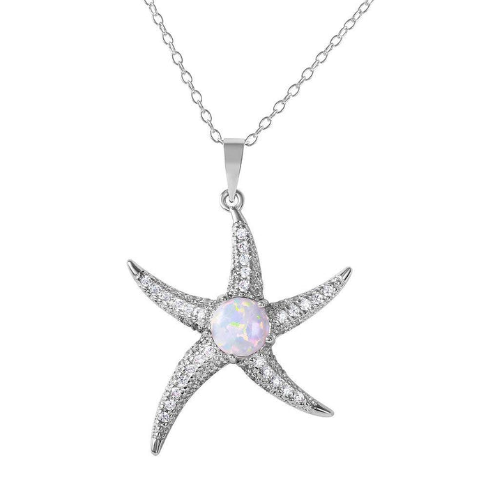 Silver 925 Rhodium Plated CZ Starfish with White Center Stone Necklace - BGP01072WHT | Silver Palace Inc. #color_white