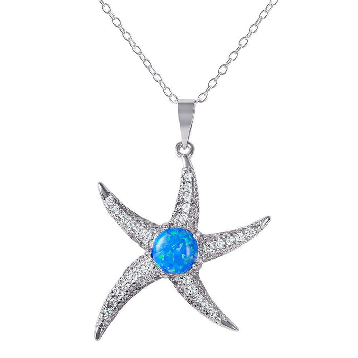 Silver 925 Rhodium Plated CZ Starfish with Synthetic Blue Opal Necklace - BGP01072 | Silver Palace Inc. #color_blue