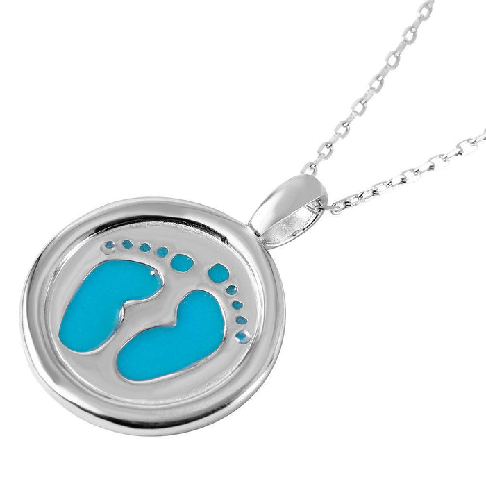 Silver 925 Rhodium Plated Disc Blue Enamel Foot Print Designed Necklace - BGP00952BLU | Silver Palace Inc.
