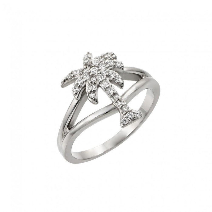 Silver 925 Rhodium Plated Pave Set Clear CZ Palm Tree Ring - STR00999 | Silver Palace Inc.