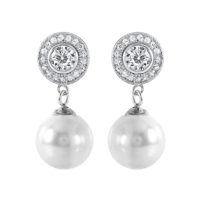 Silver 925 Rhodium Plated Pearl CZ Cluster Earrings - STE00988 | Silver Palace Inc.