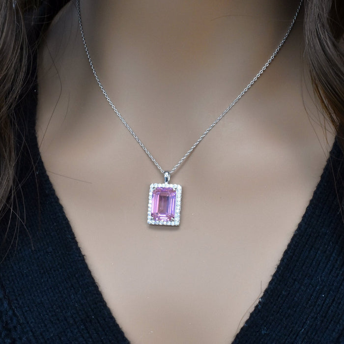 Silver 925 Rhodium Plated Rectangle Pink CZ Stud Earring and Necklace Set - STS00275-PNK | Silver Palace Inc.