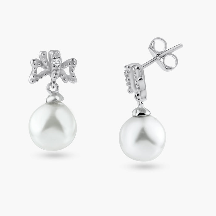 Silver 925 Rhodium Plated Ribbon CZ Hanging Pearl Stud Earrings - BGE00421 | Silver Palace Inc.