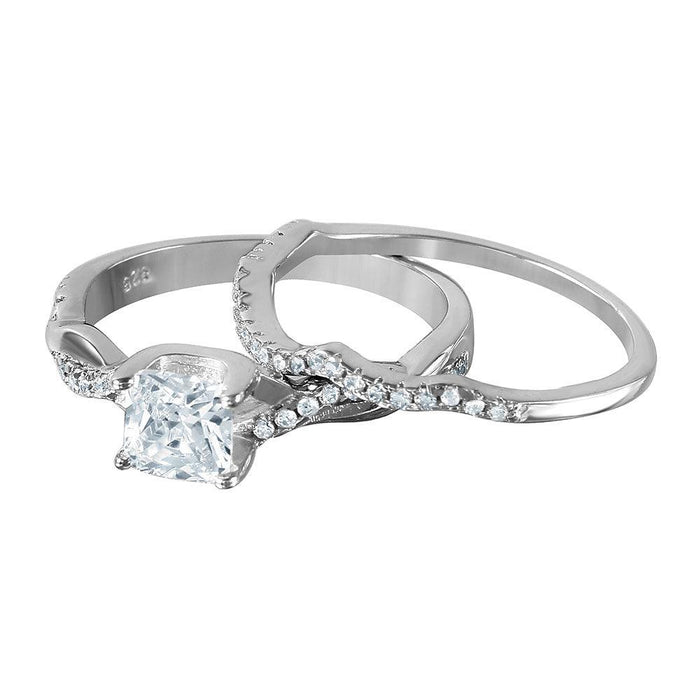 Silver 925 Rhodium Plated Rope Designed Band Bridal Ring with CZ Stones - BGR01009