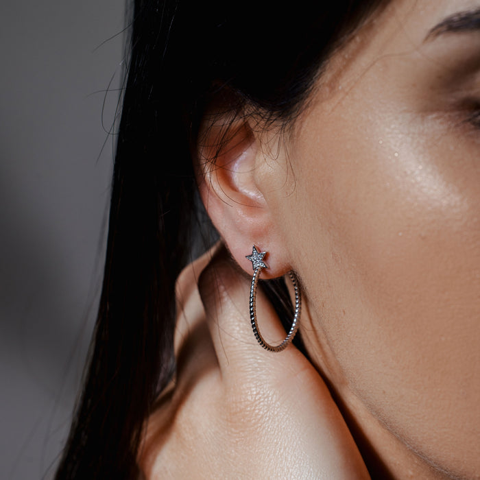Silver 925 Rhodium Plated Rope Designed Semi Hoop Earrings on a CZ Star - STE01058