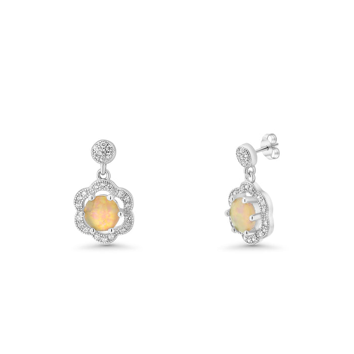Silver 925 Rhodium Plated Round Flower CZ Pearl Dangling Stud Earrings - STE00942