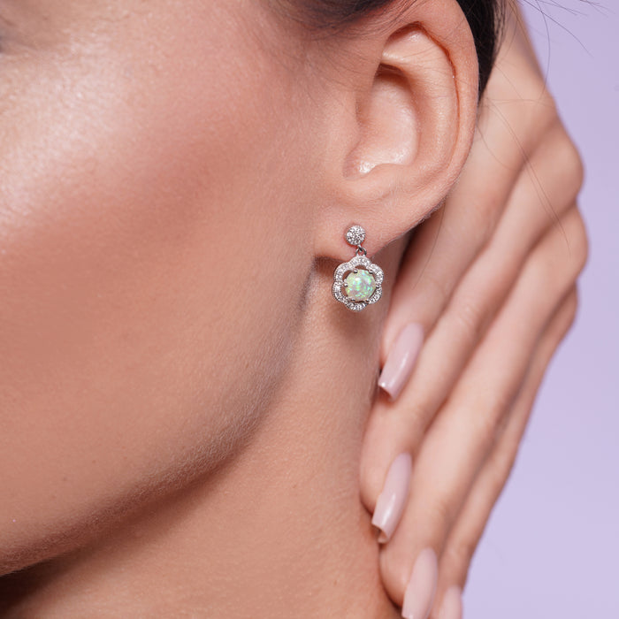 Silver 925 Rhodium Plated Round Flower CZ Pearl Dangling Stud Earrings - STE00942