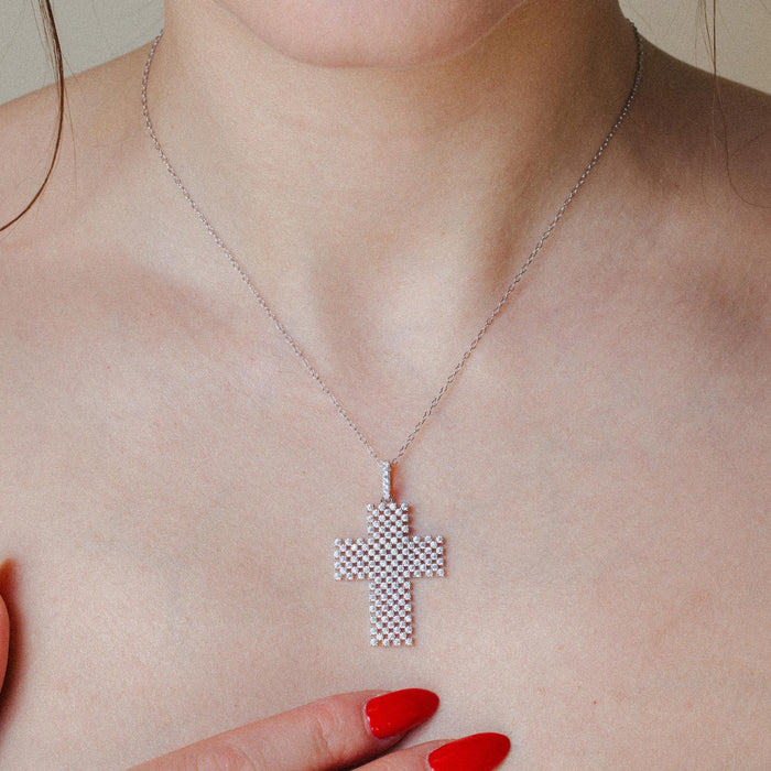 Silver 925 Rhodium Plated Thick Open Checkered Cross CZ Pendant - ACP00095RH