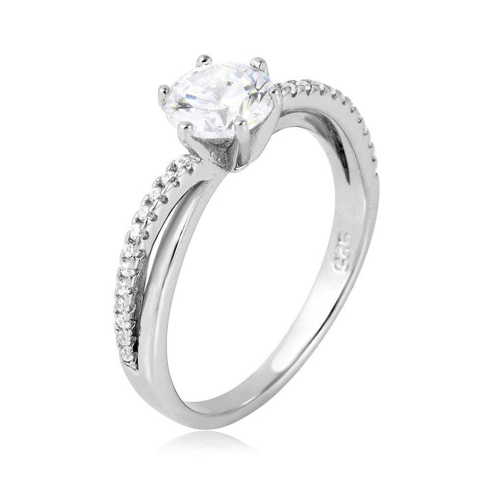 Silver 925 Rhodium Plated Twisted CZ Shank Round Center Stone Ring - BGR01069