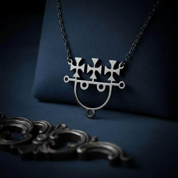 Sitri Seal Sigil Necklace displayed on dark navy textured fabric with a foreground jewelry-like prop