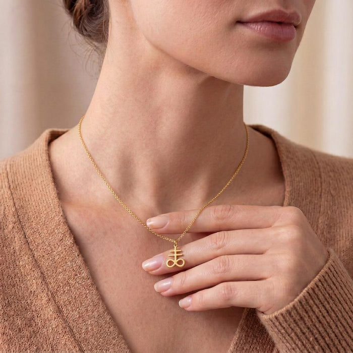 Gold Plated Silver Leviathan Cross Necklace worn close to the neckline with a hand near the pendant