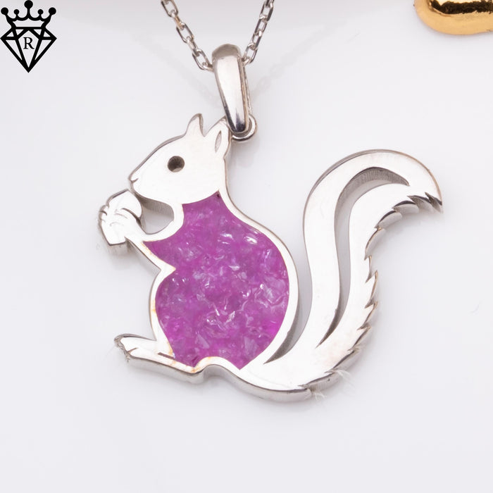 Close-up product photograph of the amethyst squirrel pendant necklace on a white background