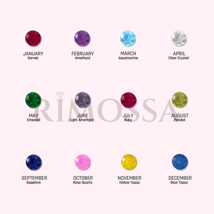 RIMOSSA birthstone chart showing twelve monthly stone-color examples