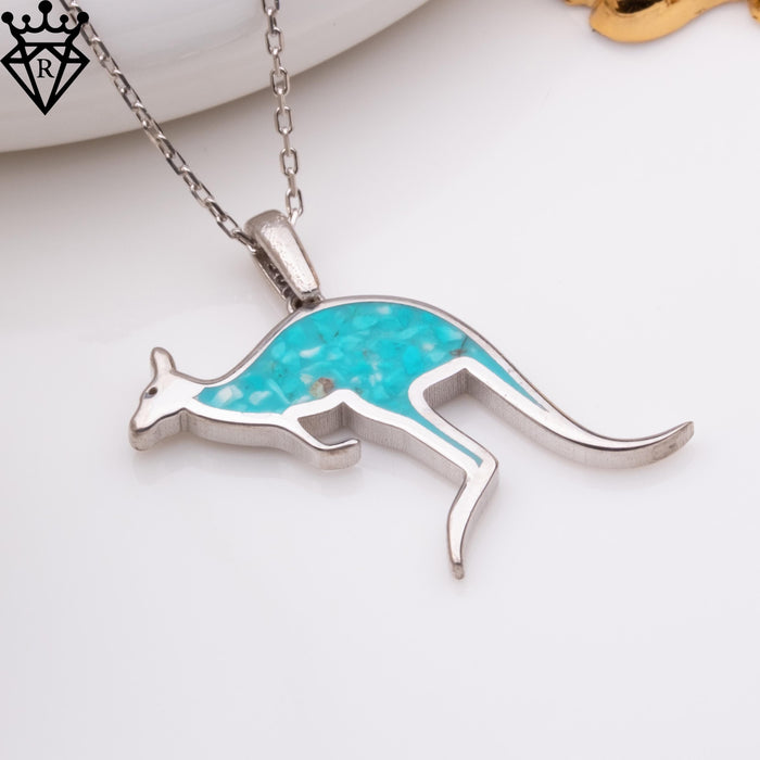 Angled close-up of the turquoise inlay kangaroo pendant