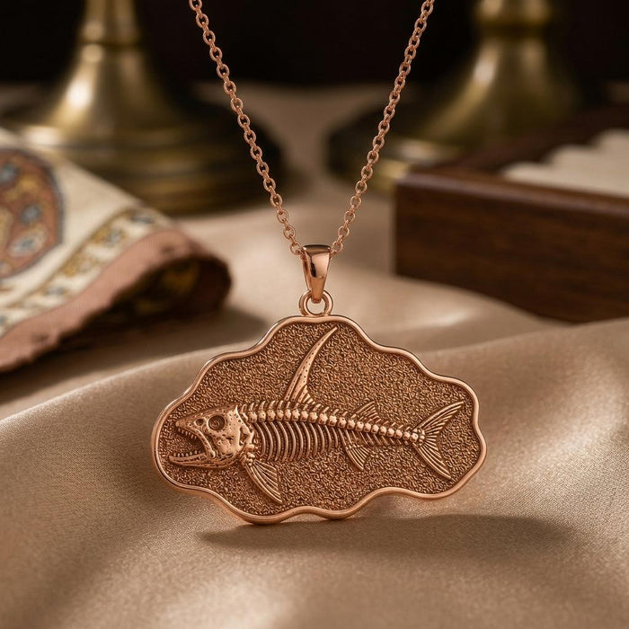 Rose Gold Plated Stethacanthus fossil pendant necklace with a raised fish skeleton on taupe satin