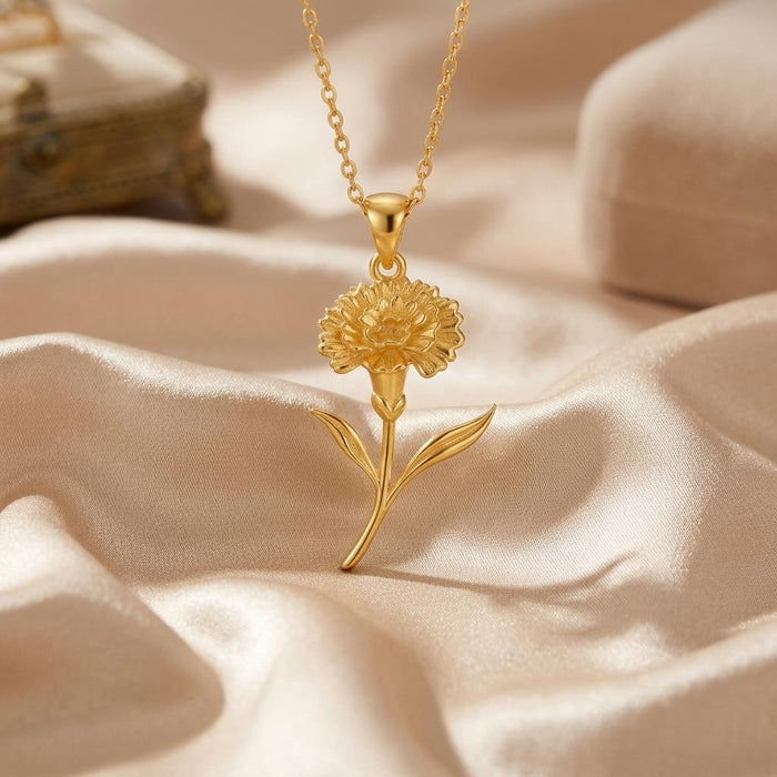 Close view of Gold Plated Silver Stock Flower Pendant Necklace with layered bloom and paired leaves on satin