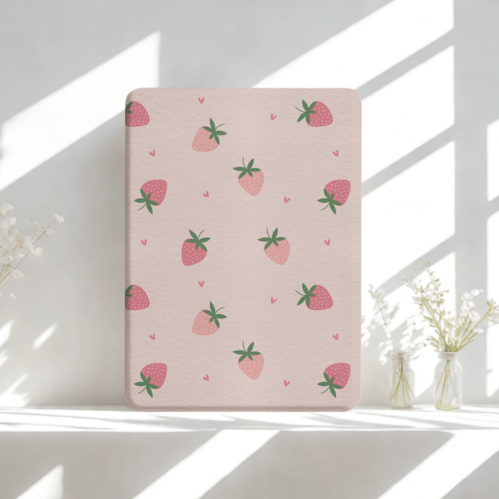 Strawberry Fields Kindle case with red strawberry design and built-in hand strap