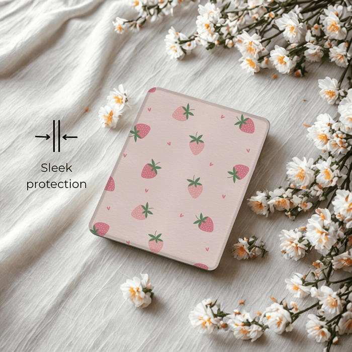 Angled view of Strawberry Fields Kindle case showing back magnets and slim profile