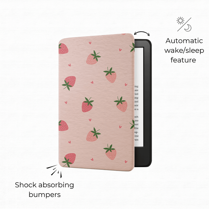 Strawberry Fields Kindle case open showing interior and hand strap functionality