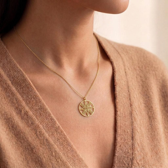 Model wearing the Gold Plated Silver round sun pendant over a beige knit top