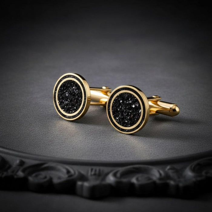 Silver pair of Black Onyx Square Cufflinks showing textured square black center panels and double-frame faces
