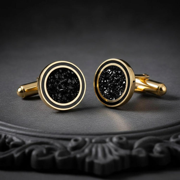 Gold Plated Silver pair of Black Onyx Square Cufflinks viewed from the front with matching layered square borders