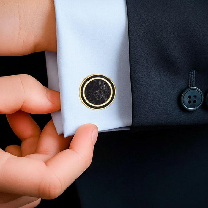 Rose Gold Plated Black Onyx Square Cufflink fastened on a light dress shirt cuff