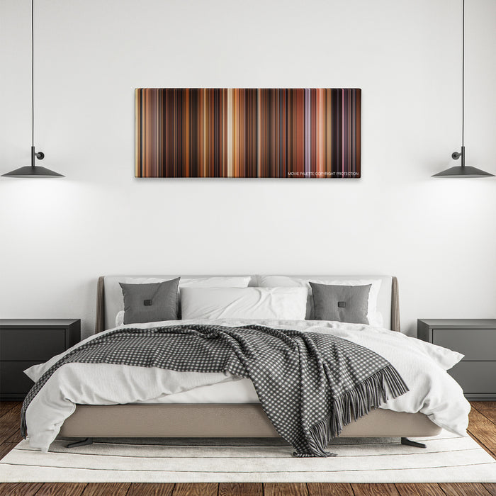 The Godfather: Part II color palette canvas above a bed, between two black pendant lamps