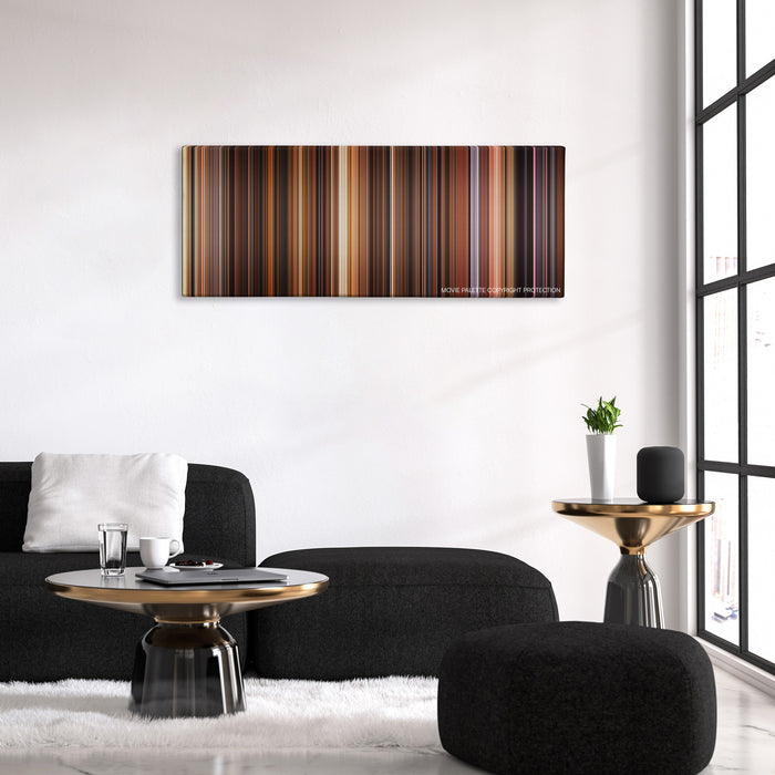 The Godfather: Part II color palette canvas above a black sofa with a gold-topped table