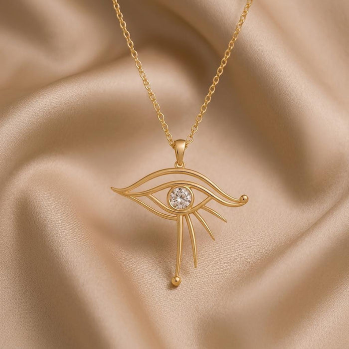 Close view of a Gold Plated Silver Celestial Eye Pendant showing the open eye outline and three lower rays