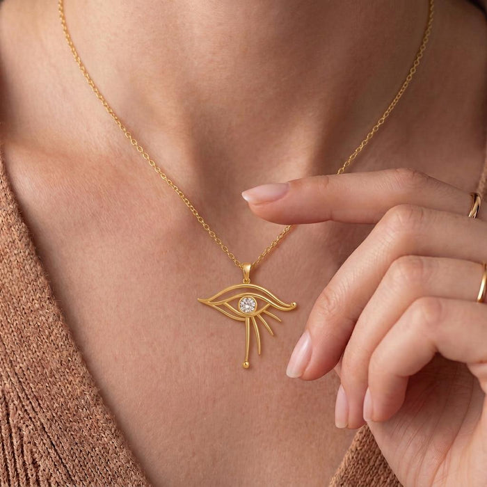 Worn close-up of a Gold Plated Silver Celestial Eye Pendant with a hand beside the pendant
