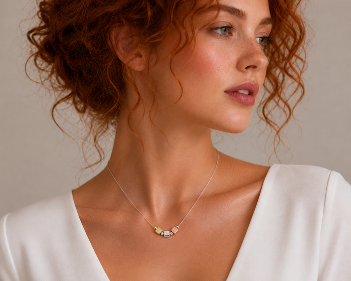 Three-Tone 925 Sterling Silver 3 Cube & Bead Pendant Necklace - DIN00090TRI