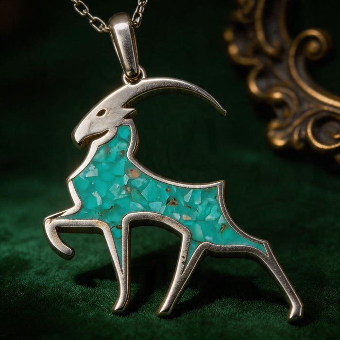 Silver Capricorn goat pendant with a textured turquoise center on deep green velvet
