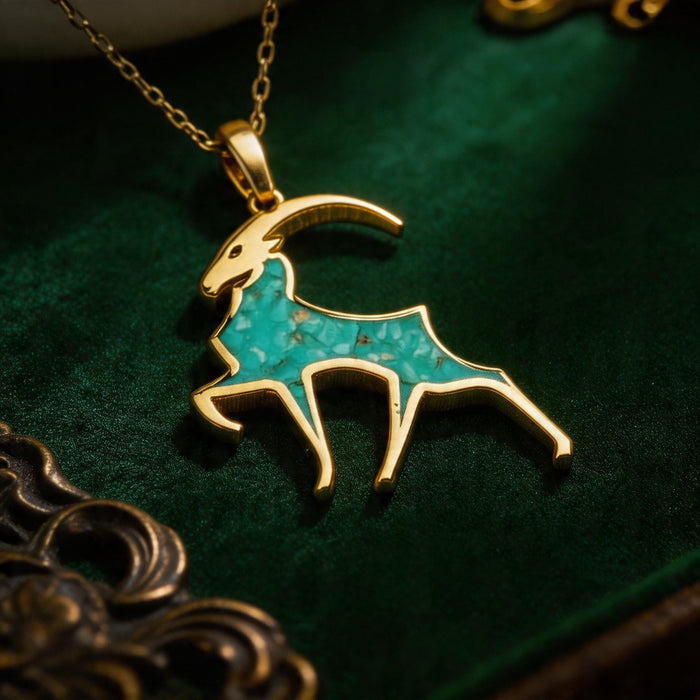 Gold Plated Silver Capricorn goat pendant with a textured turquoise center on green velvet