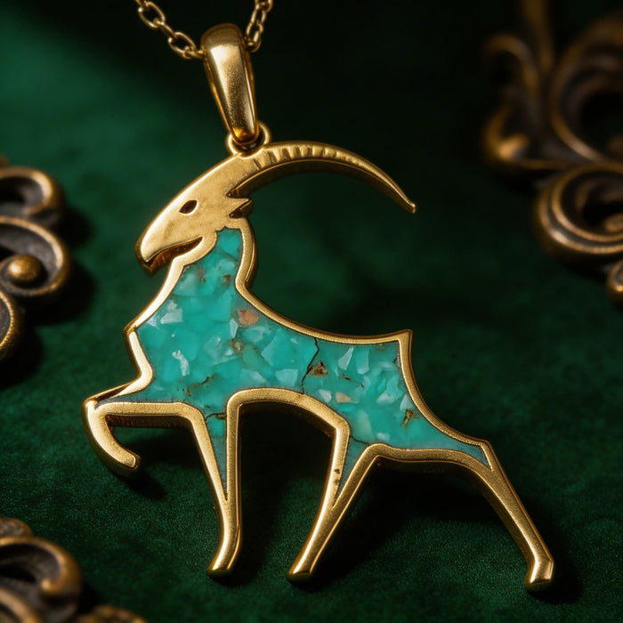 Close-up of Gold Plated Silver Capricorn goat pendant with sweeping curved horn and turquoise center