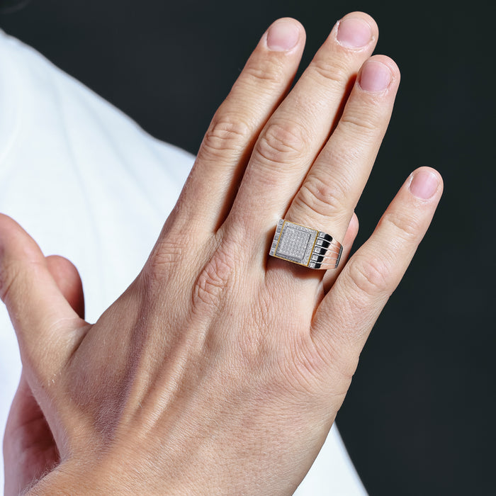 Two-Tone 925 Rhodium Plated 925 Sterling Silver Square CZ Encrusted Men's Ring - GMR00218RG