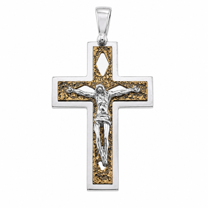 Two-Tone 925 Sterling Silver DC Gold Plated Crucifix Pendant with Rhombus Design - ARP00012